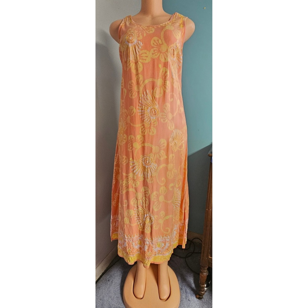 Flower Maxi Dress Womens Small Orange Yellow Batik Shell Embroidered Boho Rayon